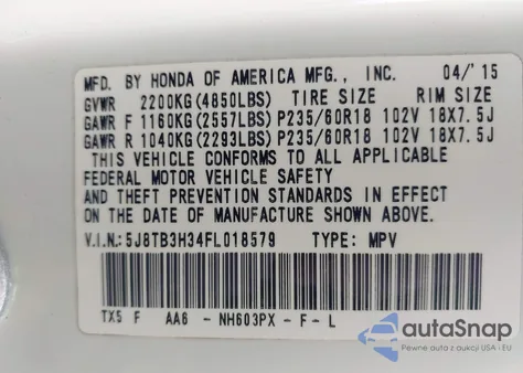 2015 Acura Rdx z USA, uszkodzony, nr VIN 5J8TB3H34FL018579